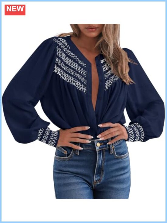 Tops - Long Sleeve Button Down Blouse Smocked Front Cuffs